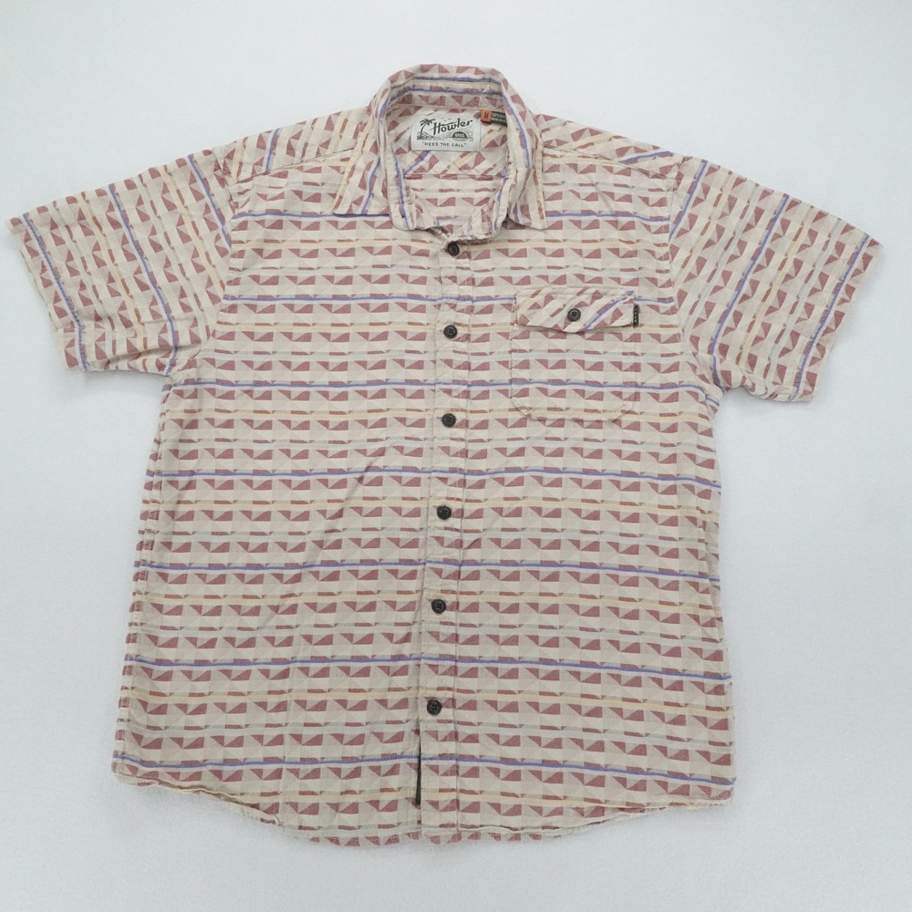 Howler Bros Shirt Mens Medium San Gabriel Beige Geometric Short Sleeve